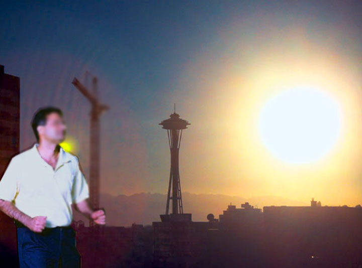 Author in Seattle with a backdrop of Space Needle