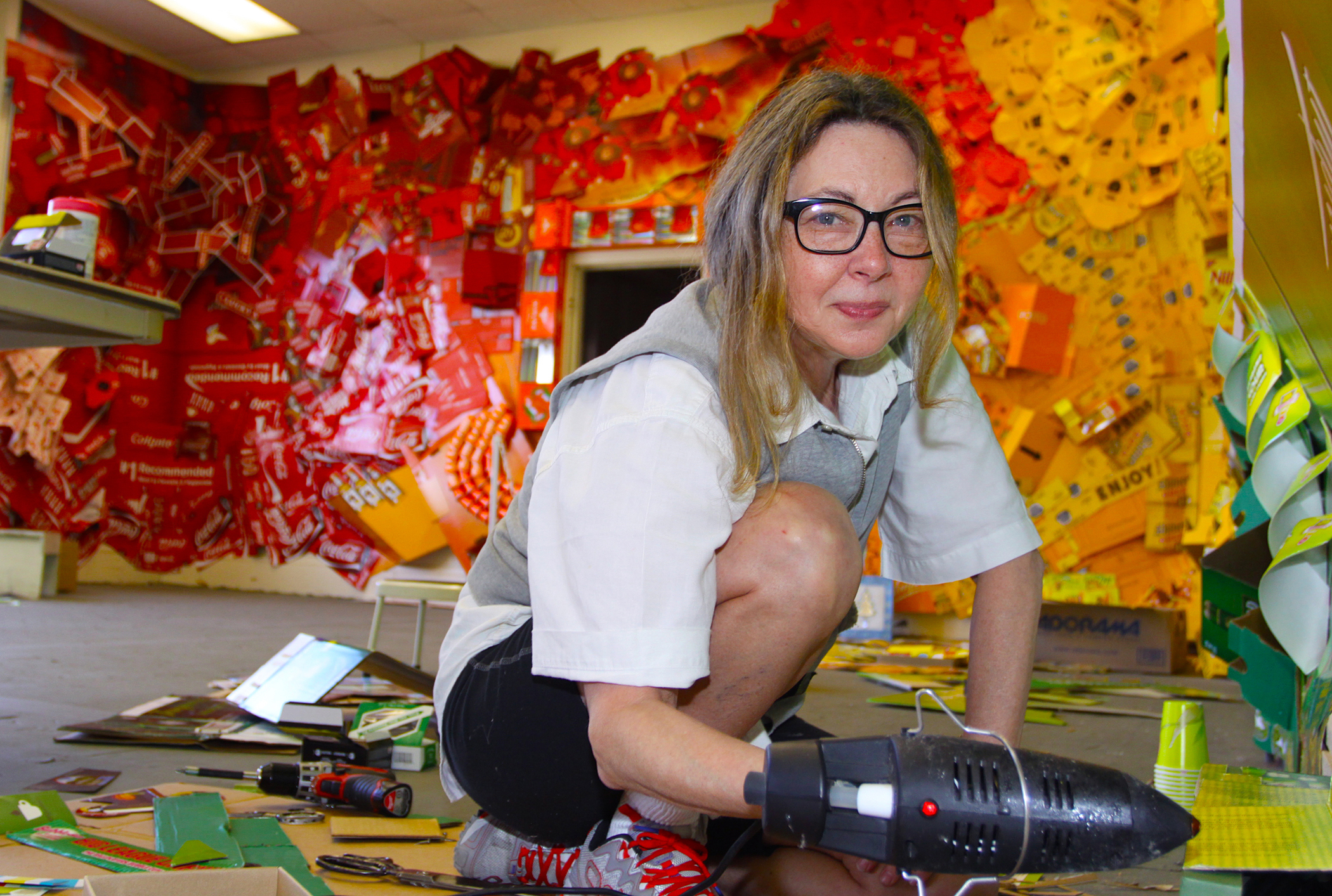 Visiting artist Lisa Hoke at work on her ARTmuse installation at SMOA (Photo Rich Schineller)