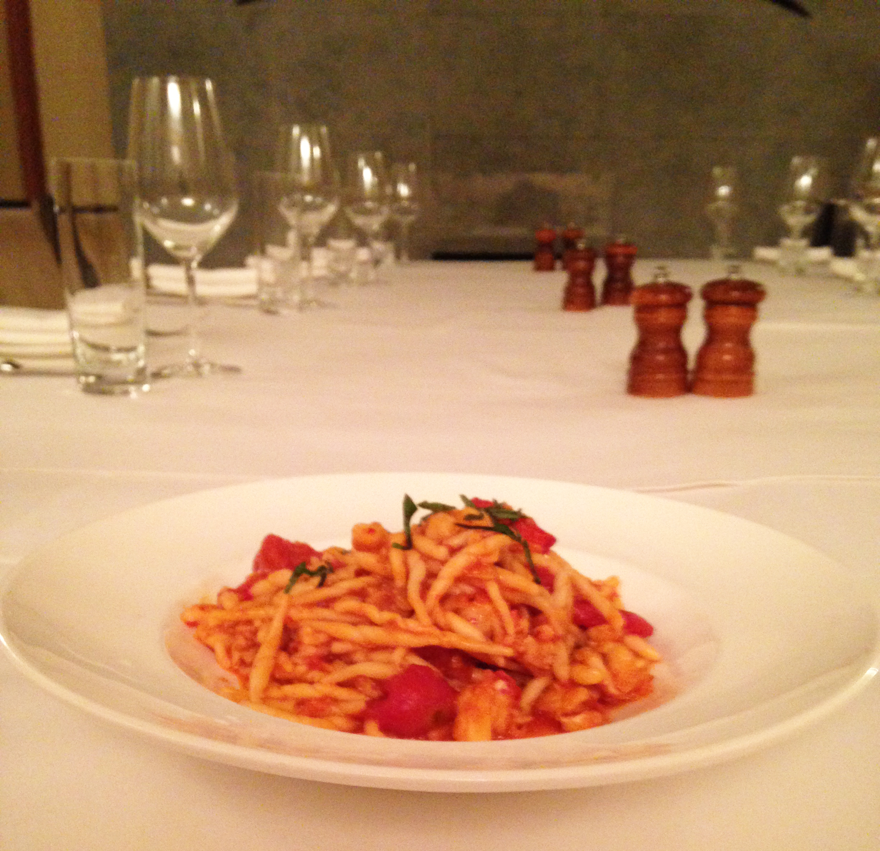 Hand-rolled Trofie pasta with rock shrimp