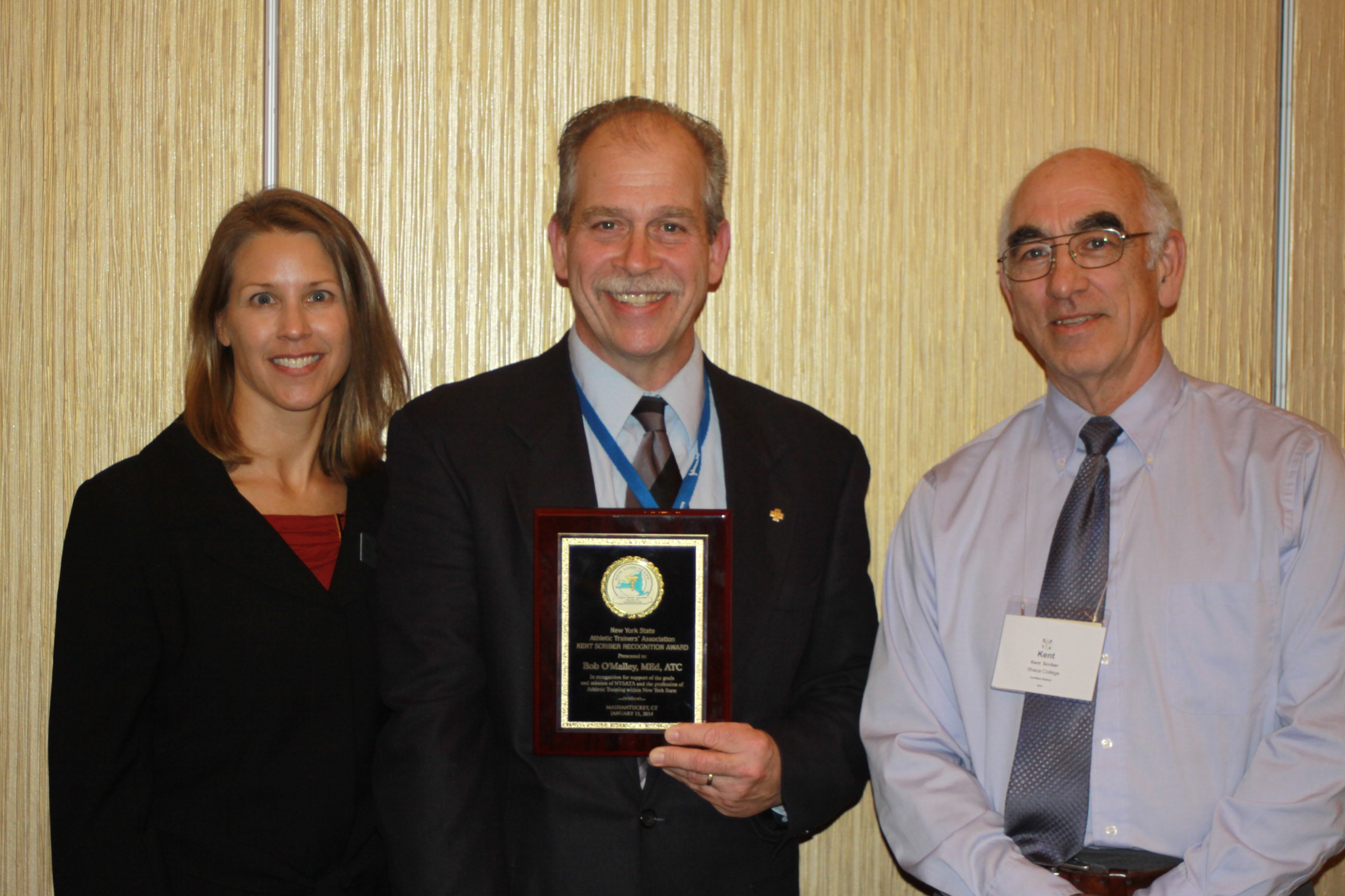 Bob O'Malley, MS, ATC, CES (center) received NYSATA's 2014 Kent Scriber Recognition Award.
