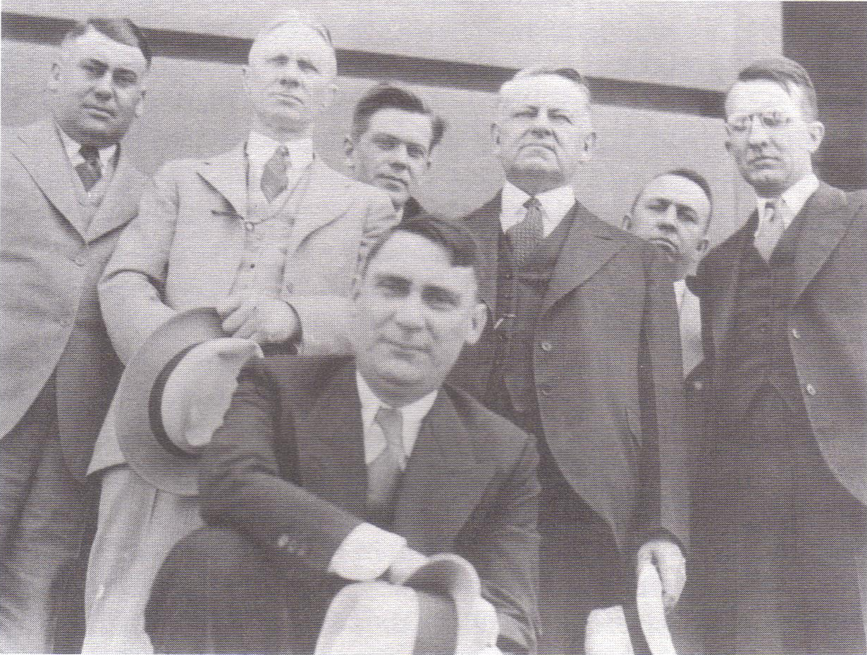 The Nebraska legal team. From left to right: Sergeant Roy Steffans, Illinois County Attorney; Charles Sandall, US Attorney for Nebraska; Leonard Keeler, Inventor of the lie detector; Emery Smith, Atto