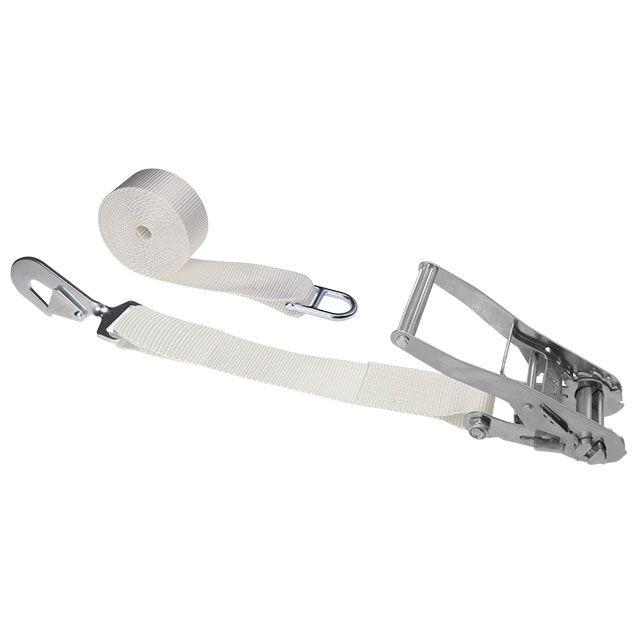 White Tent Ratchet Strap with a Double D-Ring and Twisted Snap Hook
