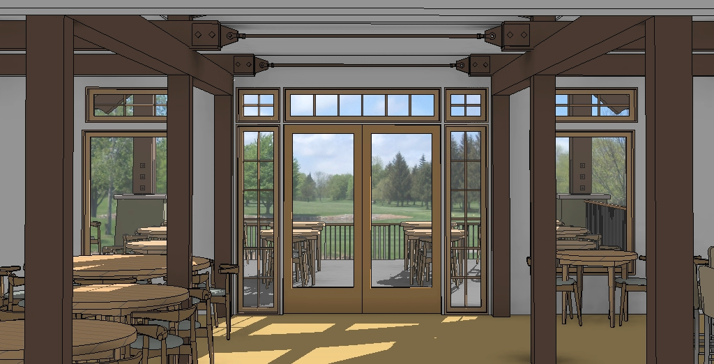 Design plan renderings give a preview of the interior timber frame elements and open floor plan for the renovation of Deerfield Golf & Country Club in Brockport, New York.