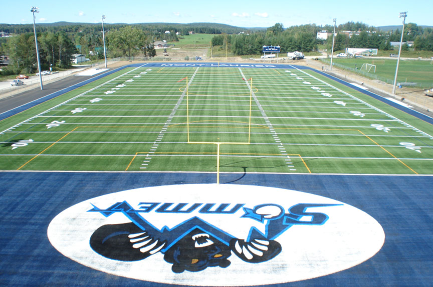 Colored turf logo and end zone at Ecole Polyvalente Saint Jospeh, Mont Laurier, QC