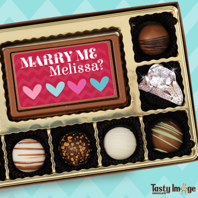 Tasty Image Chocolate makes proposals sweeter with custom chocolate messages inside boxes of truffles.