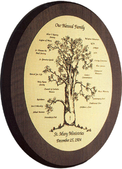 The engraved family tree plaque celebrates heritage.  Each family member's name, birthdate, and birthstone are decorations around the engraved tree.