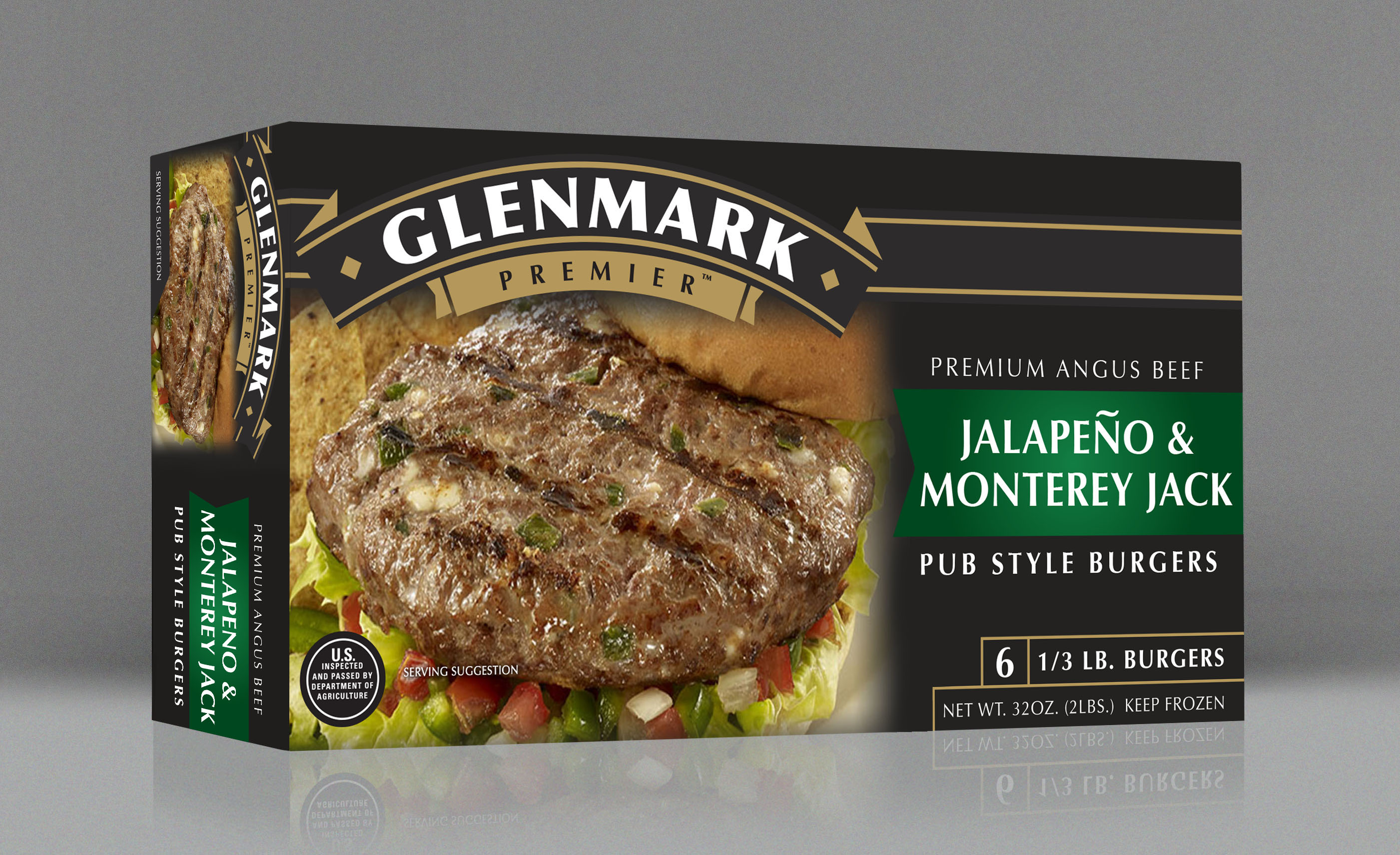 Jalapeno & Monterey Jack pub style burgers, 1/3 lb. premium Angus beef