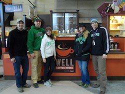 Crimson Cup Trainer Steve Bayless (left) with Matt and Julie Love and Christy and Kevin Scott at The Well Coffee House, Boston South Station.