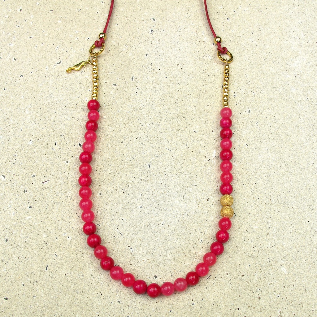 Pink Leather Gold and Bead Necklace