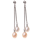 Lovely Oval Shape White And Pink Freshwater Pearl Dangle Studs Earrings