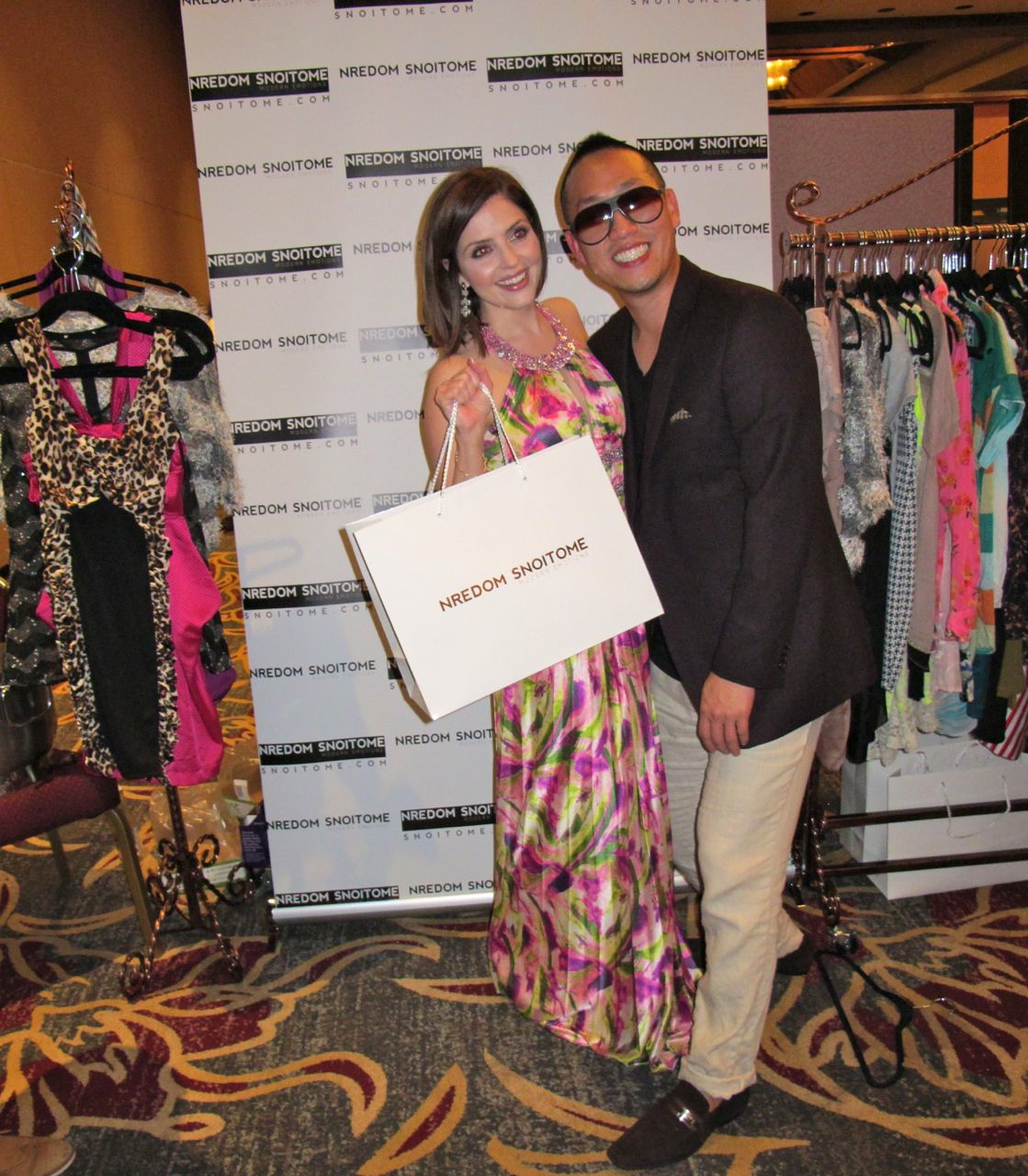 Jen Lilley with Modern Emotions Clothing Owner Jin Shin at the Official Backstage Movieguide® Awards Gifting Suite Experience