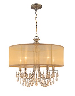 Crystorama 5625-AB - antique brass chandelier accented with etruscan smooth oyster crystals and gold silk shimmer shade