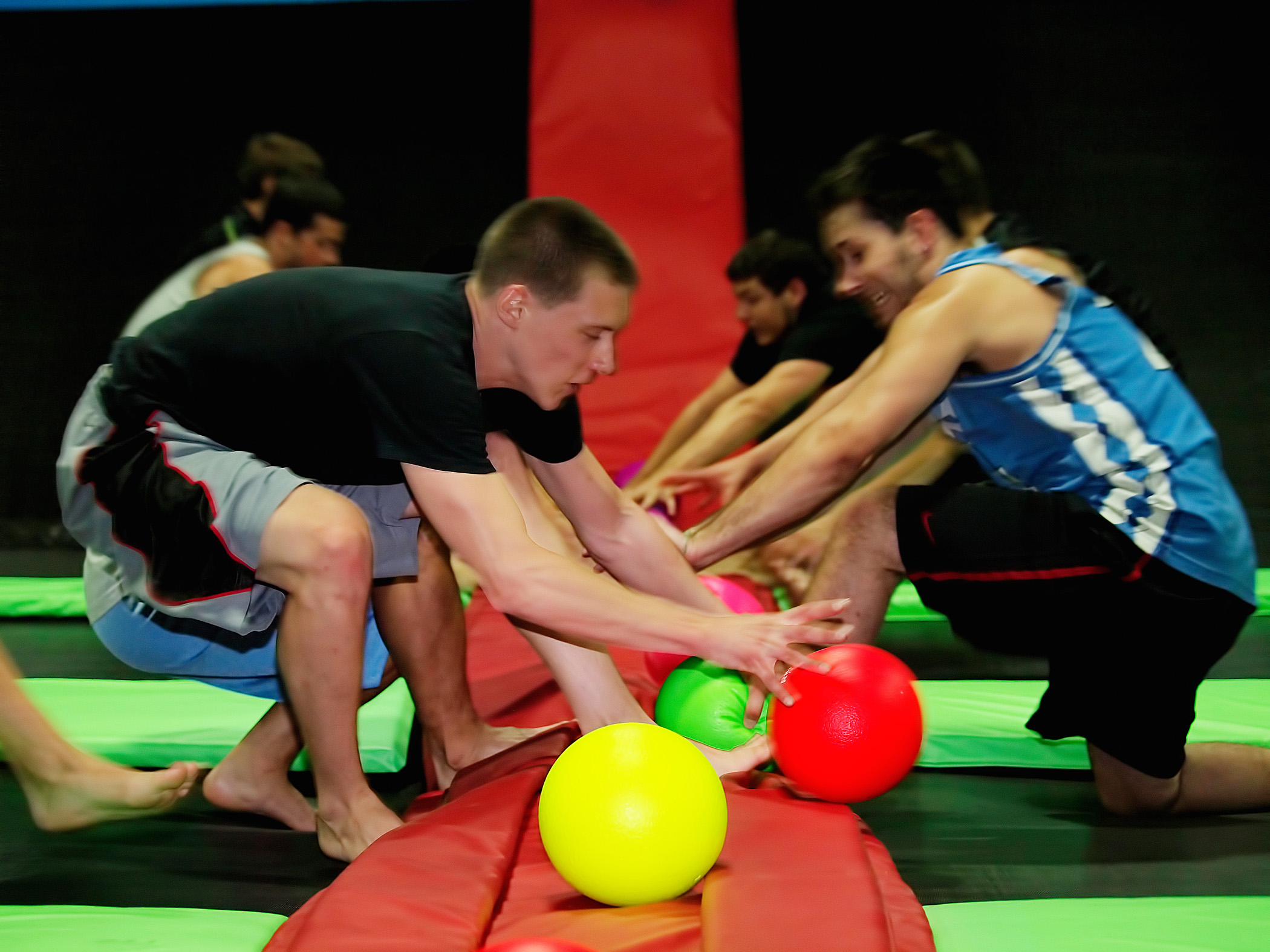 Dodgeball on the trampoline can be played all day long at Bounce! locations.