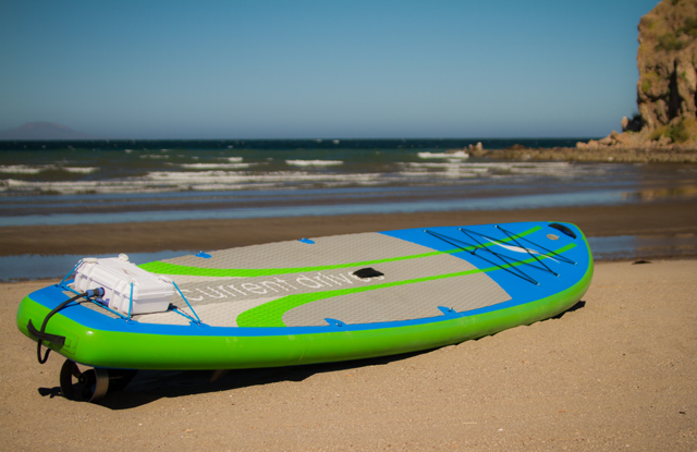Current Drives inflatable stand-up paddle board with ElectraFin attached.