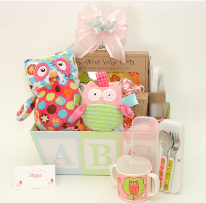Another unique gift basket features an owl themed baby dining set and plush toys.