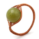 Round Green Olive Jade Ball Layer Copper Wired Crochet Ring