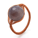Round Faceted Gray Agate Ball Layer Copper Wired Crochet Ring