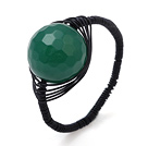 Round Facted Green Agate Ball Layer Black Threaded Crochet Ring
