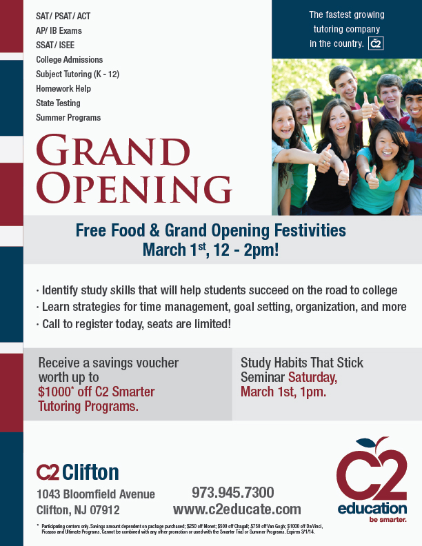 Details about the Grand Opening of C2's Clifton tutoring center available here.