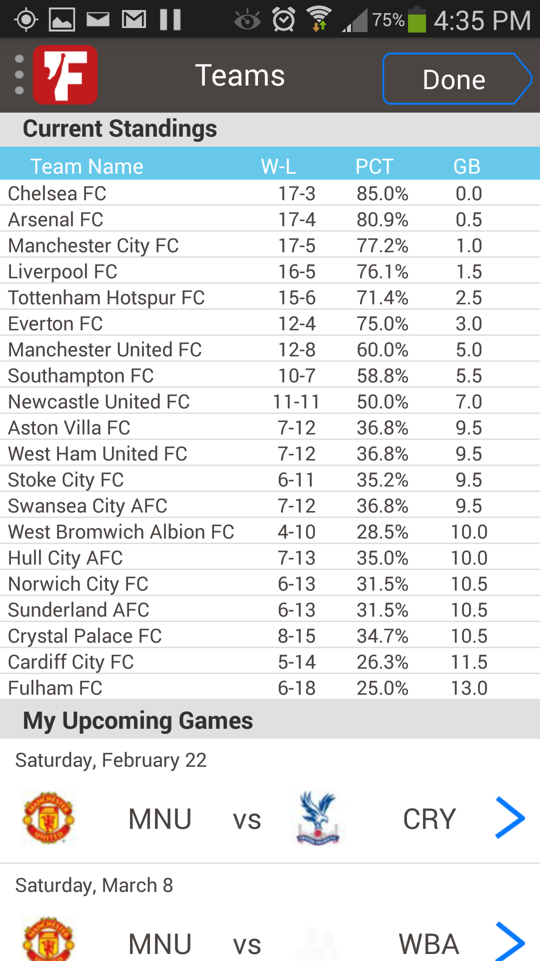 Standings and Upcoming Games