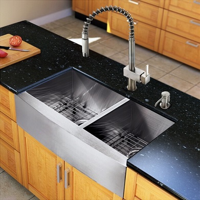 Vigo VG15136 All in One 33 inch Farmhouse Stainless Steel Double Bowl Kitchen Sink and Faucet Set