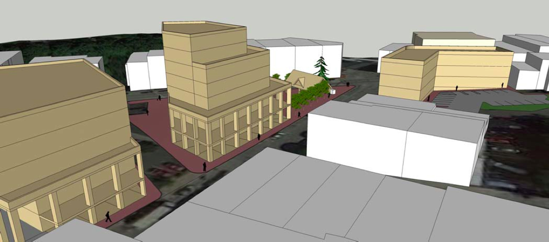A downtown design view of DRG’s second proposed development scenario for the Village of Ossining’s Market Square and parking lots at the intersection of Main and Spring Streets