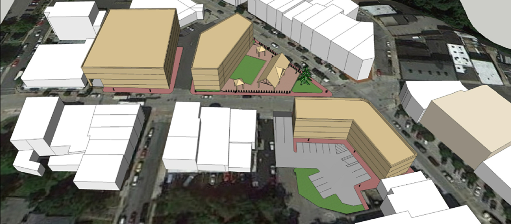 A downtown design view of DRG’s first proposed development scenario for the Village of Ossining’s Market Square and parking lots at the intersection of Main and Spring Streets