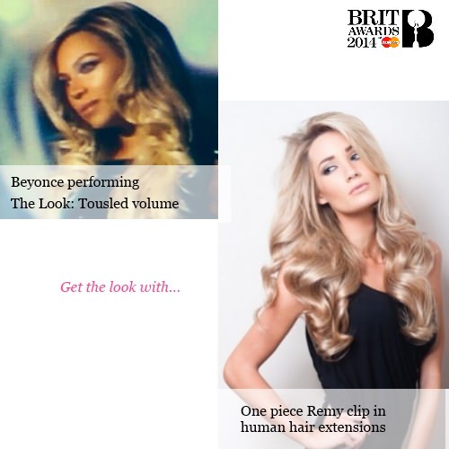 Beyonce's Brit Awards hair was in a tousled natural voluminous style, this can be achieved with a simple one piece clip in hair extension