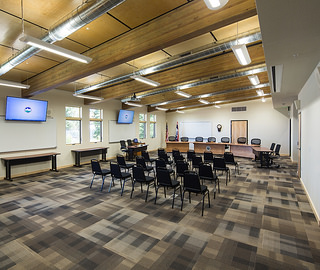 Birch and other light materials create open, airy feel in Teton County School District board room.