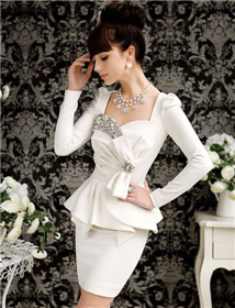 Women Slim Fit Diamond Bow Peplum Long Sleeve semi Formal Dress