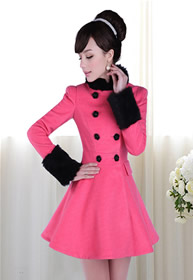 Pink Doll Fur Collar and Cuff Double Breast Bow Ruffled Pink A-line Long Coat for Women