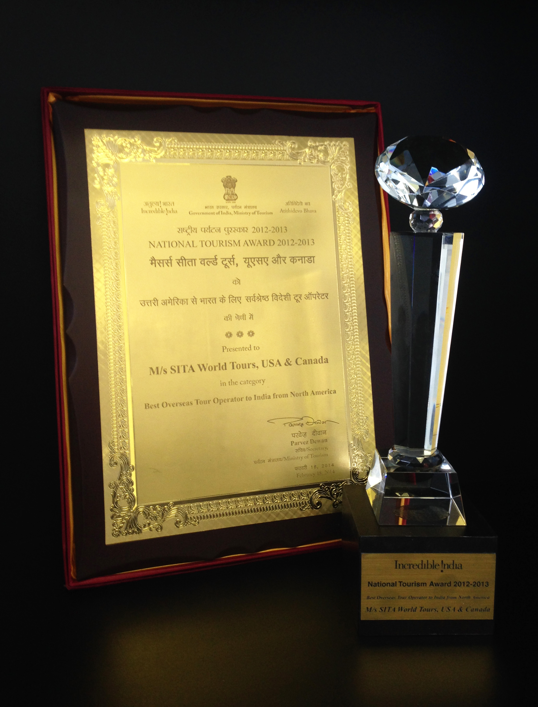 Trophy and plaque awarded to SITA World Tours for 2013 “Best Overseas Tour Operator to India from North America”