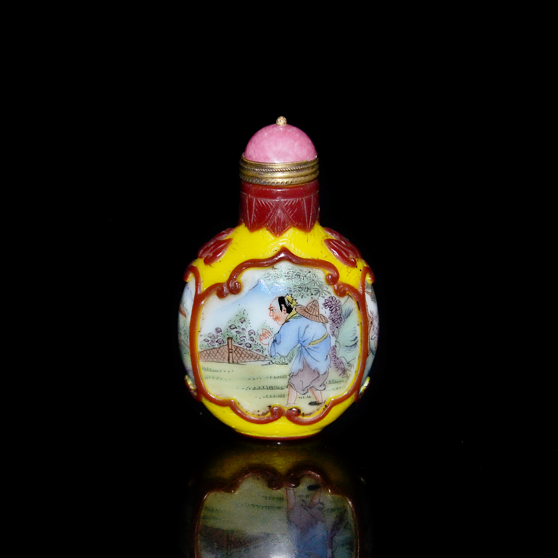 Qianlong period Famille Rose snuff bottle with red glass overlay creating windows of bird and floral decoration, with four-character Qianlong mark. $2,000 - $4,000
