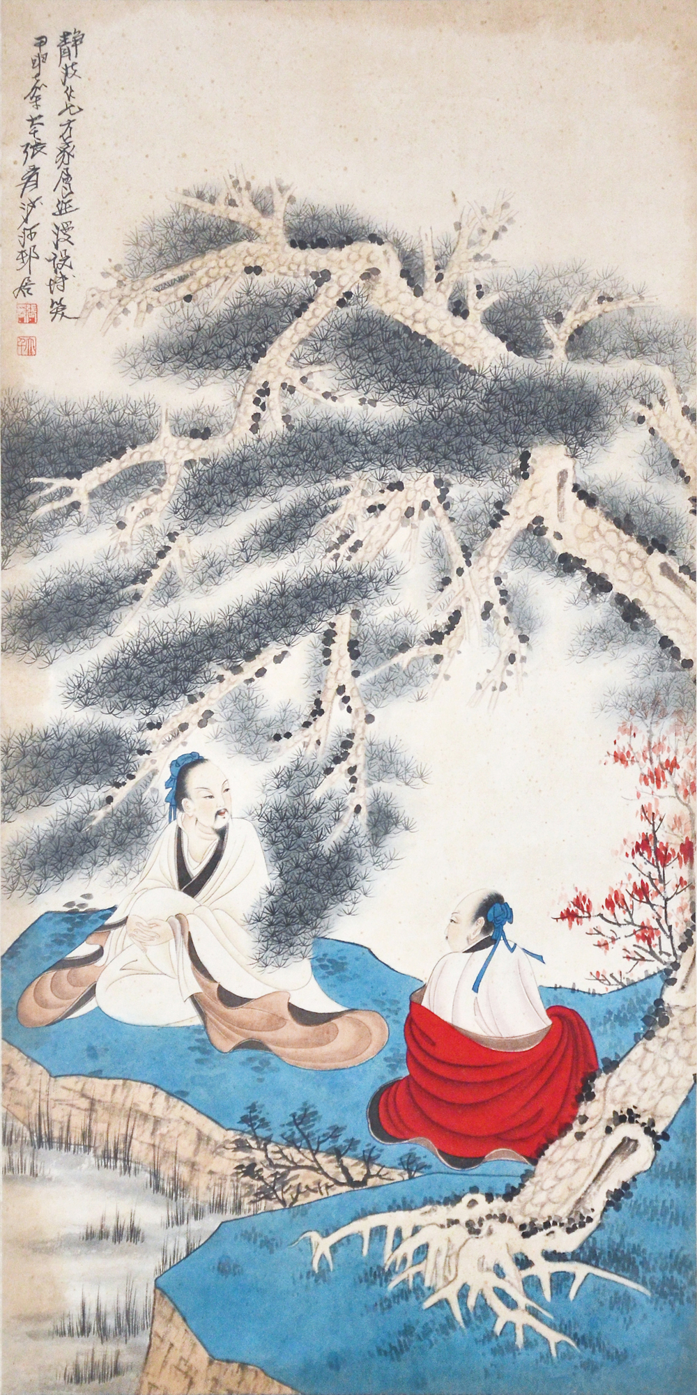 Color fields of blue and red dramatize Two Solitary Hermits, Zhang Daqian’s depiction of Boyi and Shuqi, the Zhou Dynasty pacifists. $60,000 - $80,000