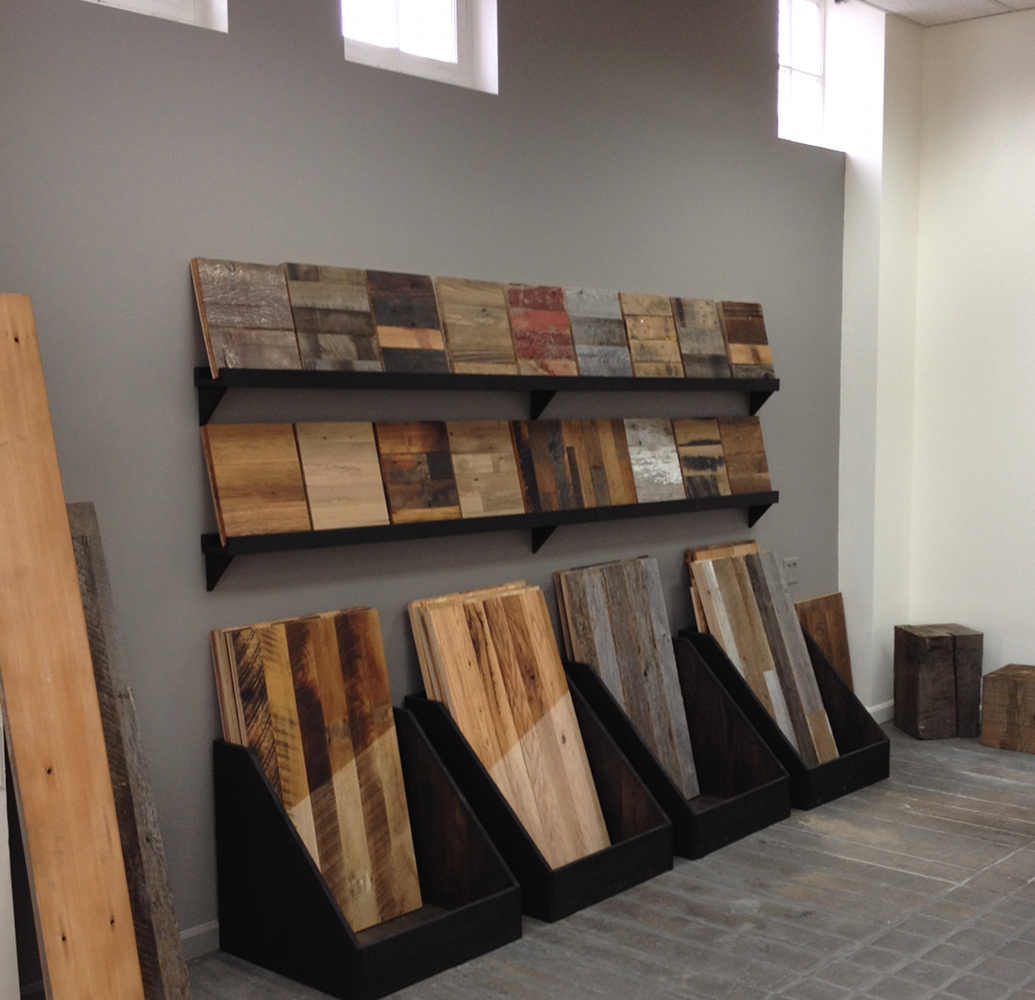 Within the showroom a large sample area allows visitors to experience an abundance of reclaimed wood with various finishes, textures, and grades.