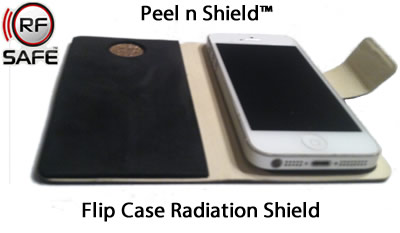 iPhone 5 Inside RF Safe's Flip Case with Peel n Shield™ Flip Cover Shield