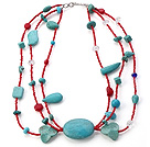 Nice Multi Strands Mixed Red Coral Crystal And Blue Turquoise Collar Necklace