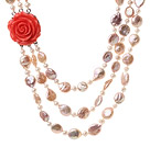 Fashion Three Strands Natural Freshwater And Button Pearl Necklace