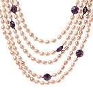 Fashion Multi Strands 6-7mm Pink Freshwater Pearl And Round Amethyst Necklace