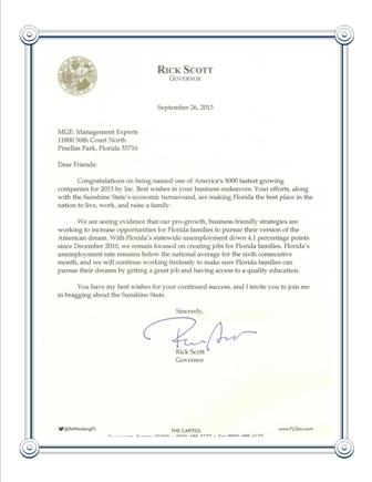 MGE Management Experts Letter from Governor Rick Scott