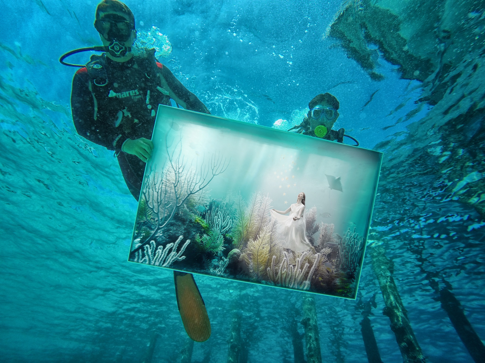 Scuba Divers Installing Andreas Franke Underwater Photography Exhibit at Per AQUUM Huvafen Fushi, Maldives