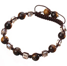 Lovely Round Tiger Eye And Square Crystal Braided Brown Drawstring Bracelet