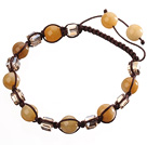 Lovely Round Yellow Jade And Square Crystal Braided Brown Drawstring Bracelet