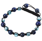 Lovely Round Lapis And Blue Square Crystal Braided Black Drawstring Bracelet