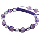Lovely Round Amethyst And Square White Crystal Braided Purple Drawstring Bracelet