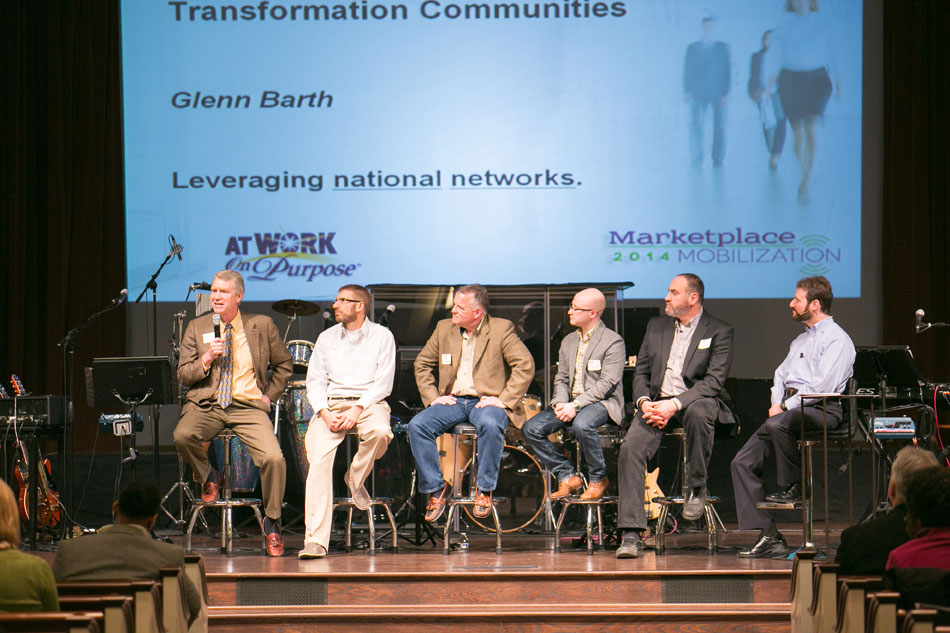 Glenn Barth, left, founder of Good Cities and one of the world’s leading experts in city transformation through the marketplace, inspires the audience at an AWOP event. (Memories Matter Photo)