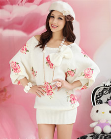 Pink Doll White Rose Print Batwing-sleeved Knitted Sweater Dress for Women