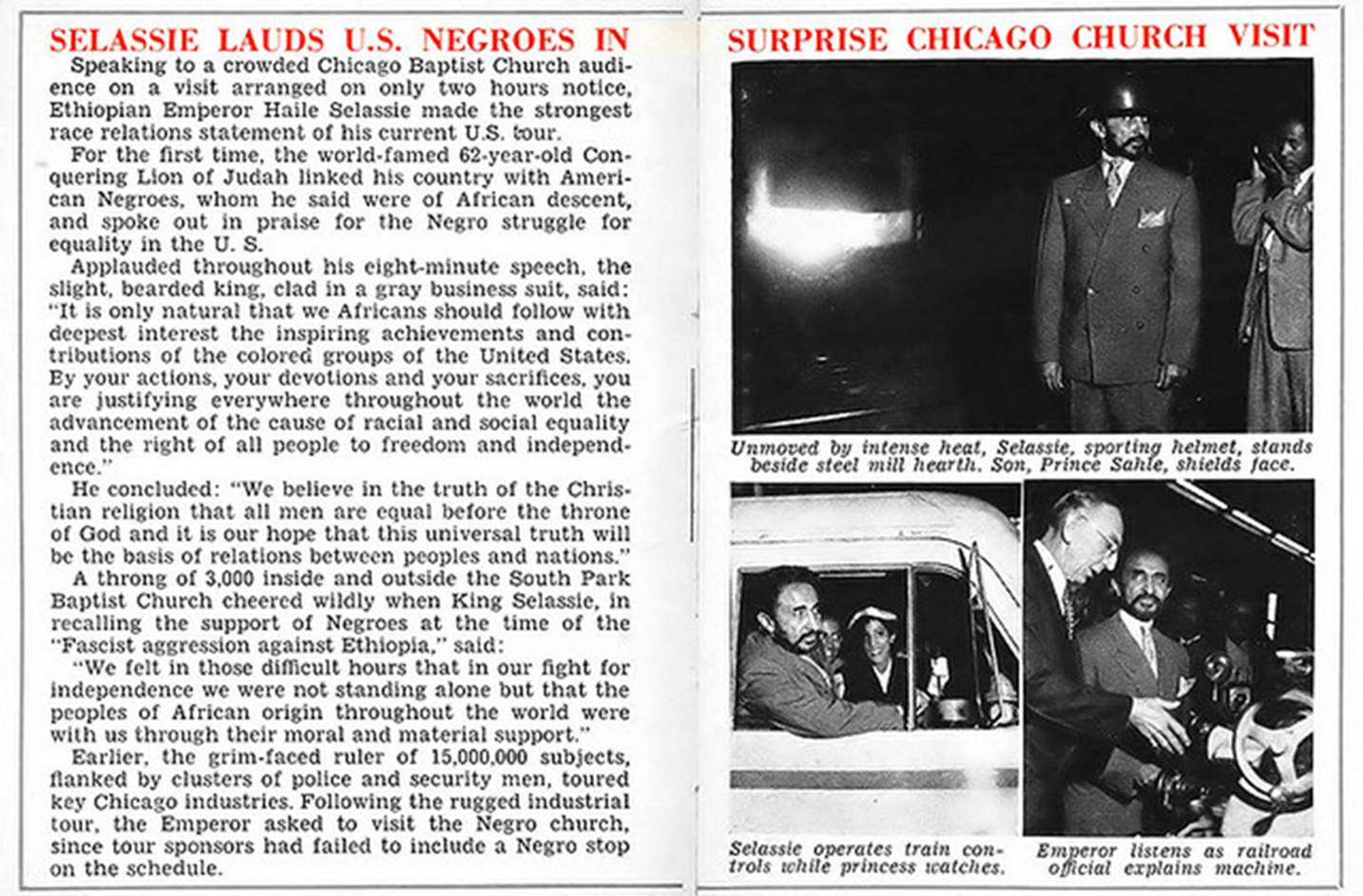 Selassie lauds U.S. Negroes in Surprise Chicago Church Visit in May 1954