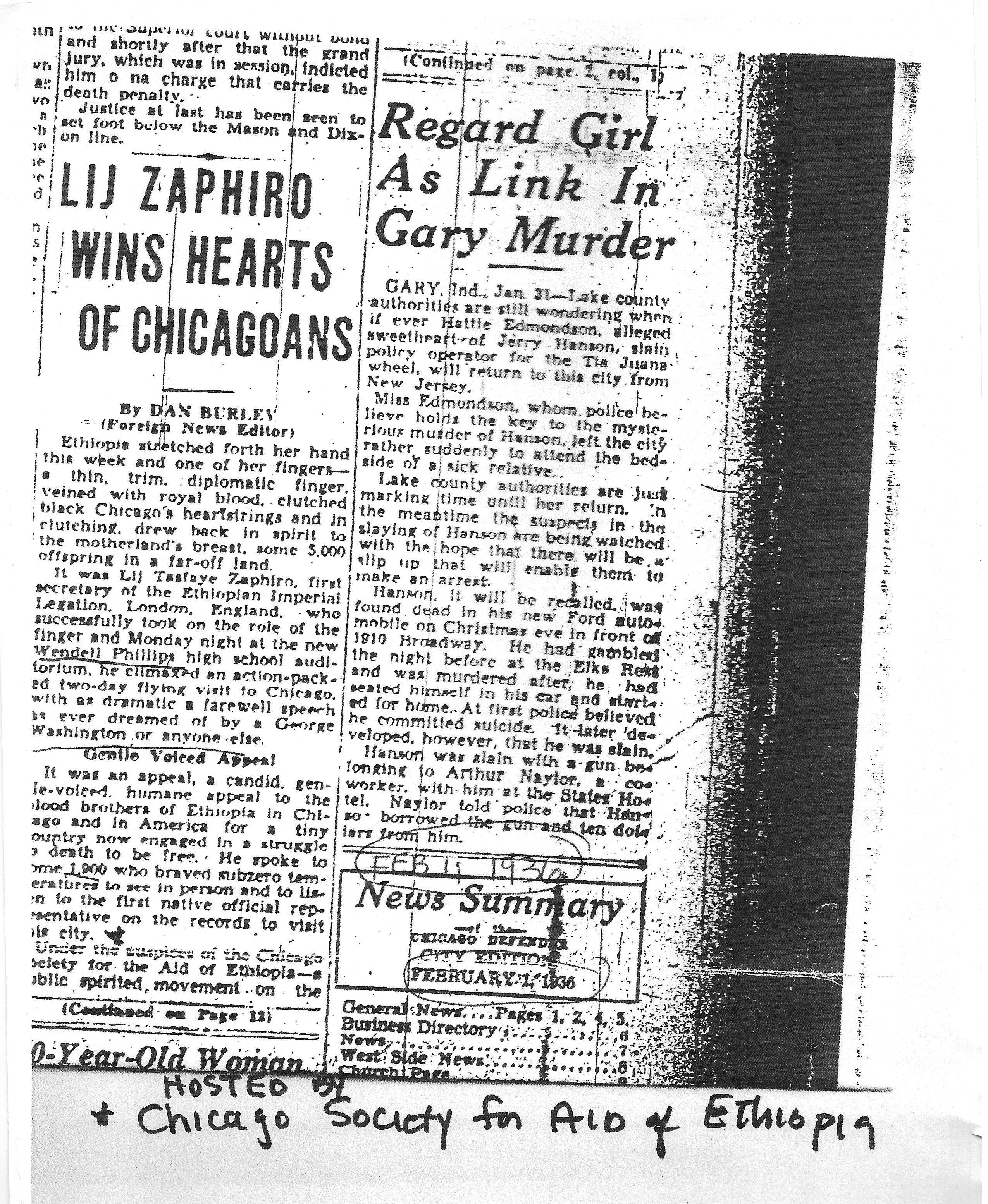 Prince (Lij) Zaphiro visits Chicago in 1936