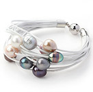 Multi Strands 11-12mm Multi Color Freshwater Pearl White Leather Bracelet